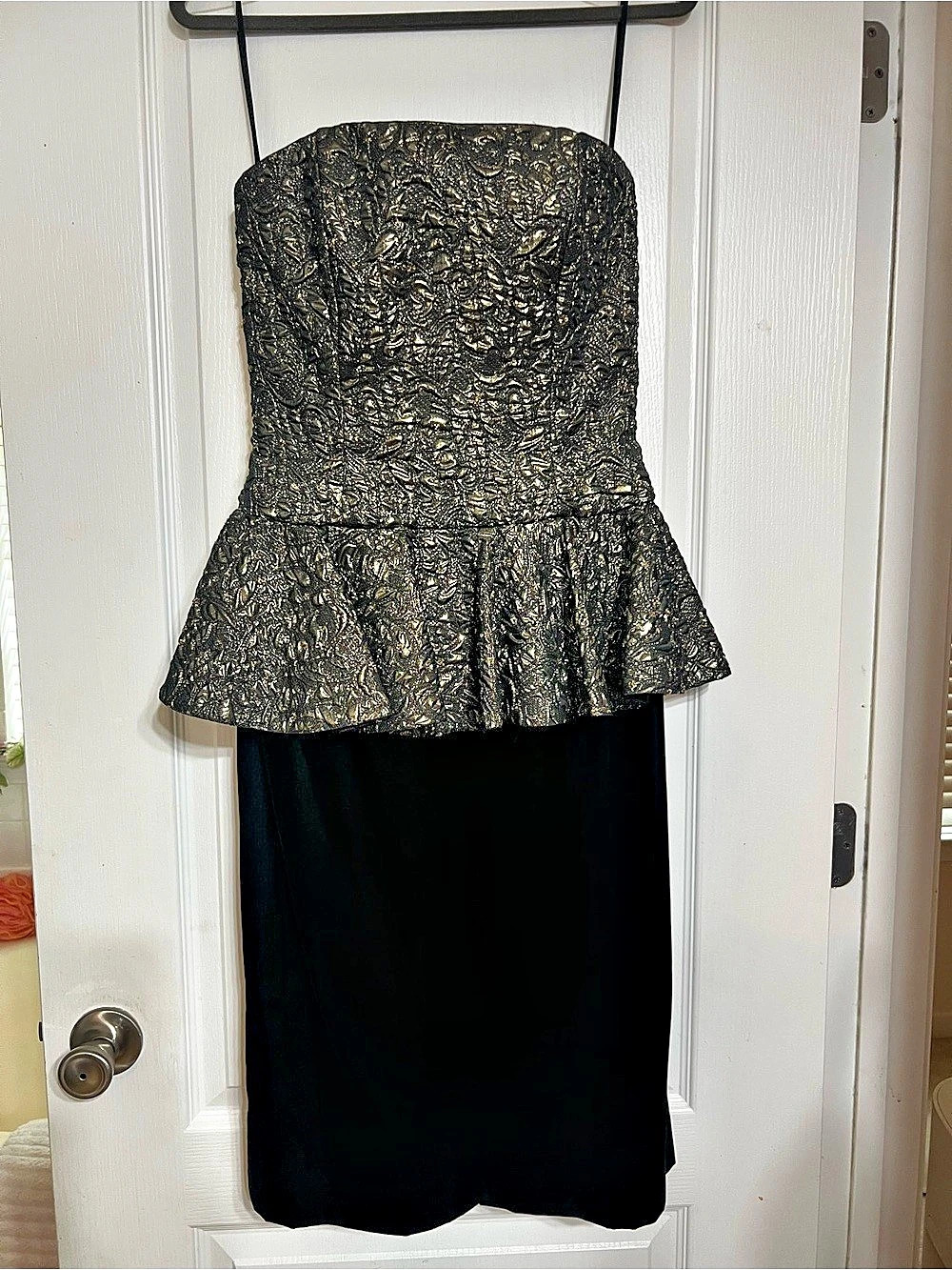 80s Vintage Gene Hiller for Her Strapless Gold Brocade Peplum Dress Size 8